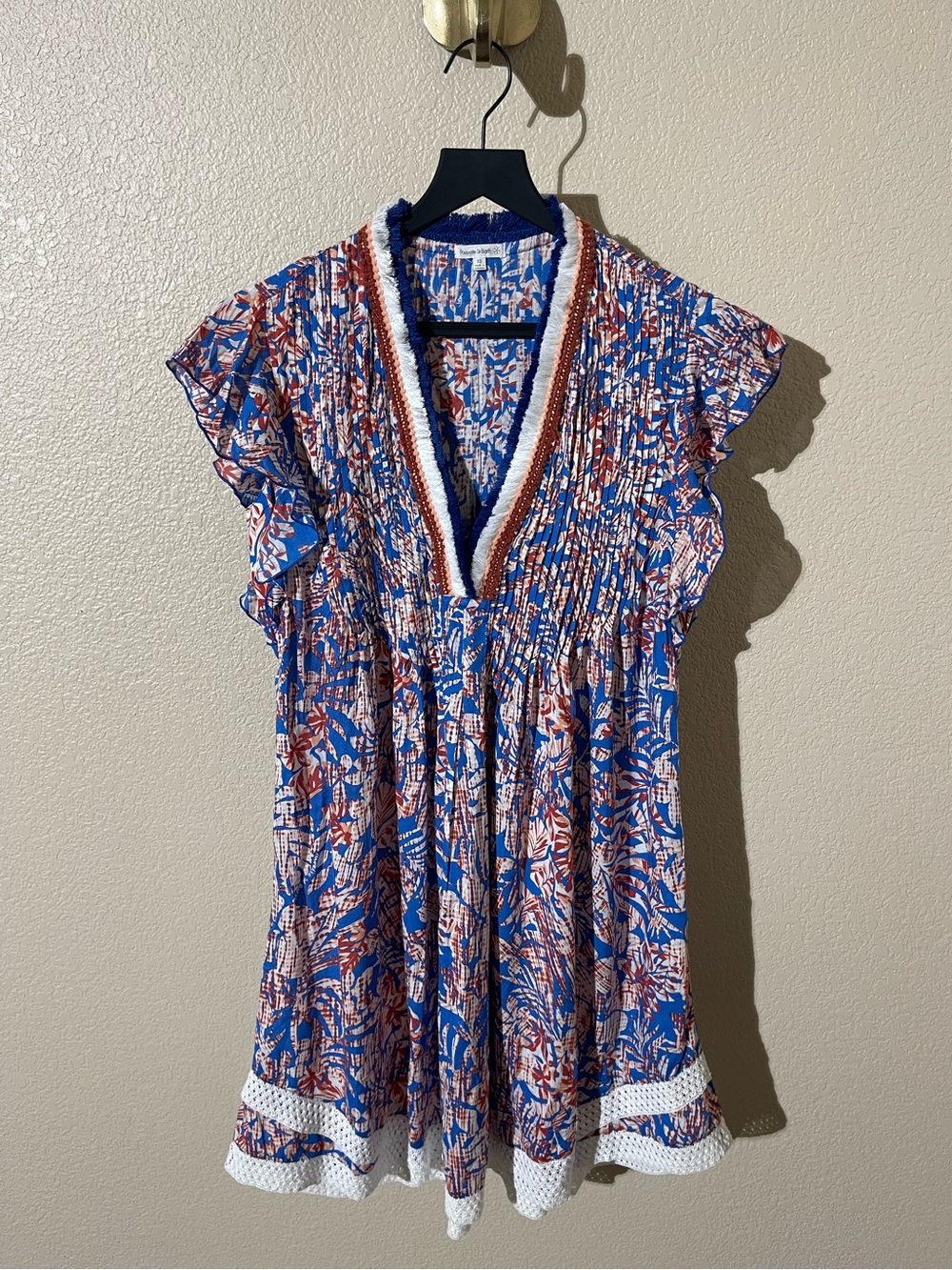 Poupette St. Barth Mini Sasha Dress Blue White Floral Mini Ruffle Flutter Sleeve